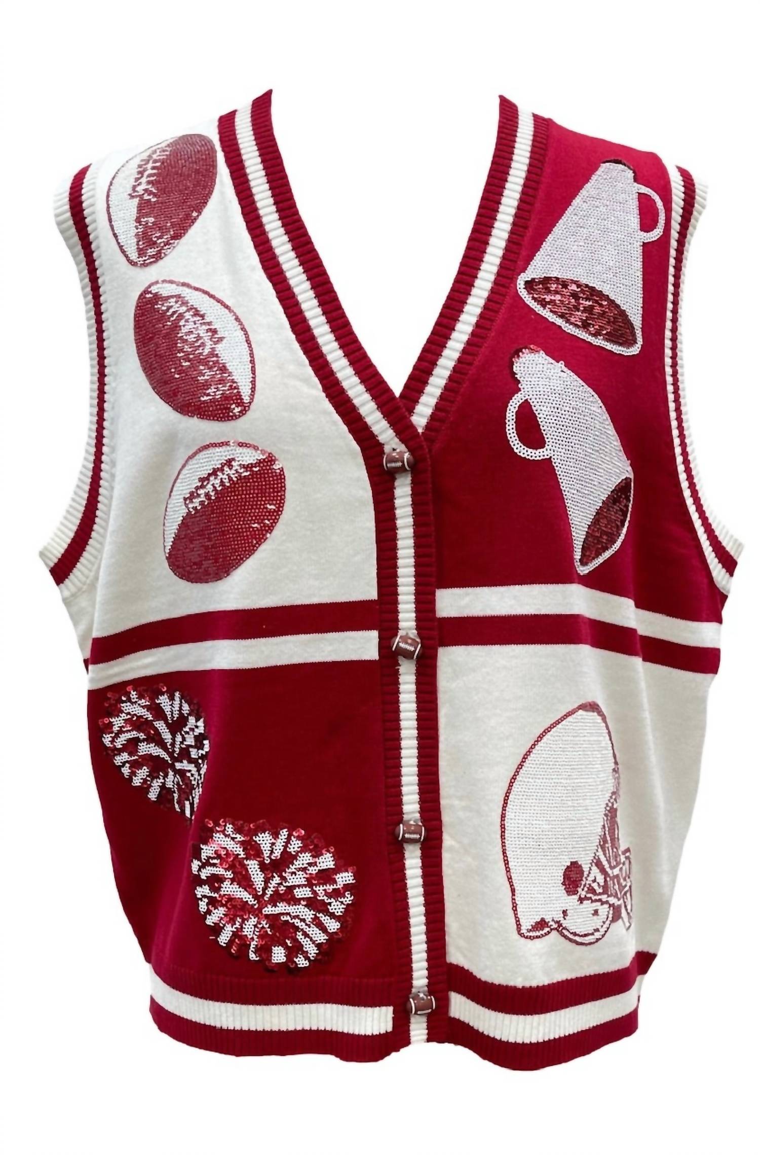 QUEEN OF SPARKLES Colorblock Football Icon Button Up Sweater Vest in crimson white - women's jacket - view 6