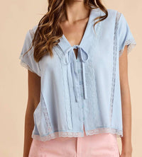 Anniewear - Linen Tie-Front Oversized Top With Lace Accent