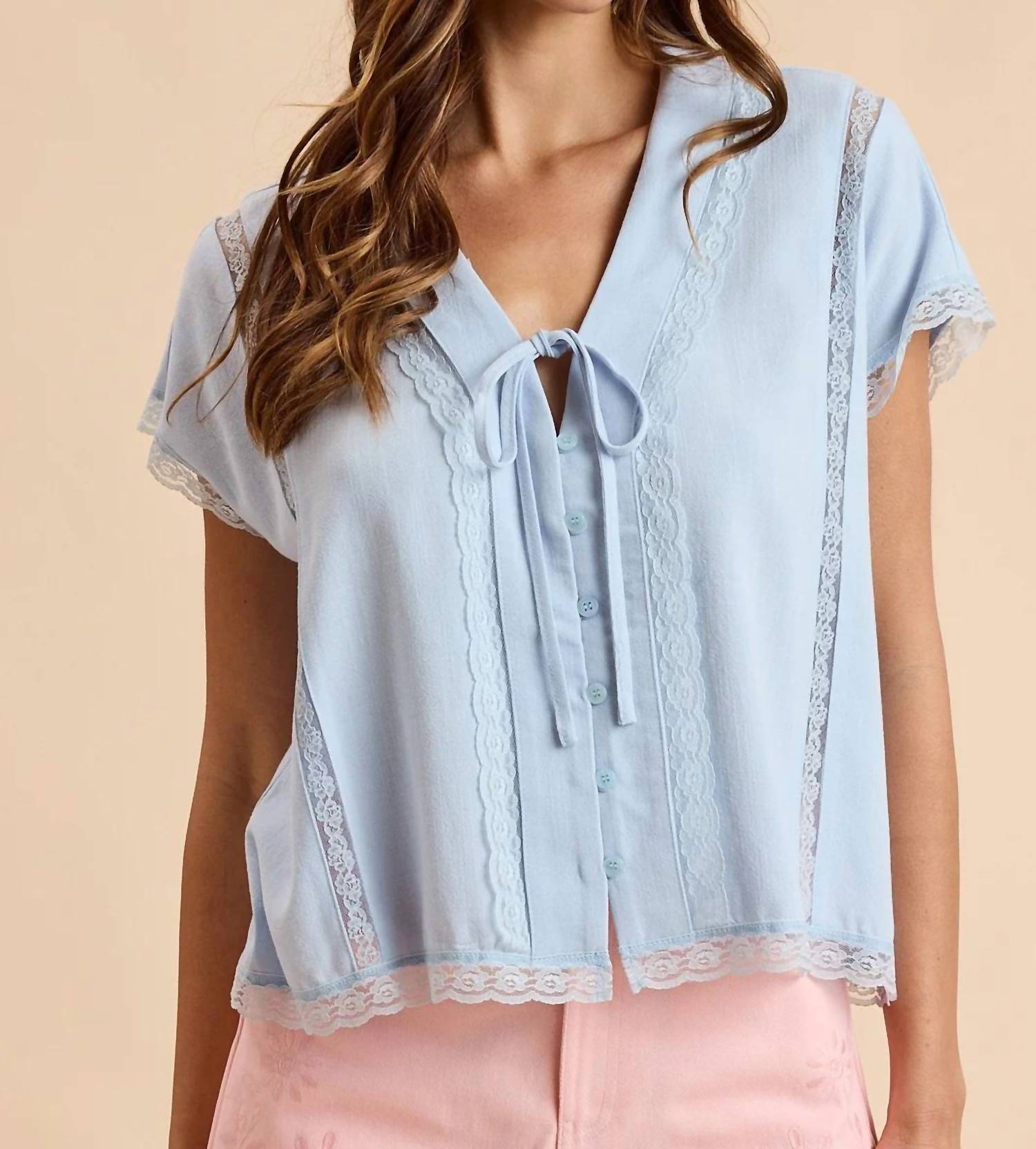 Anniewear - Linen Tie-Front Oversized Top With Lace Accent