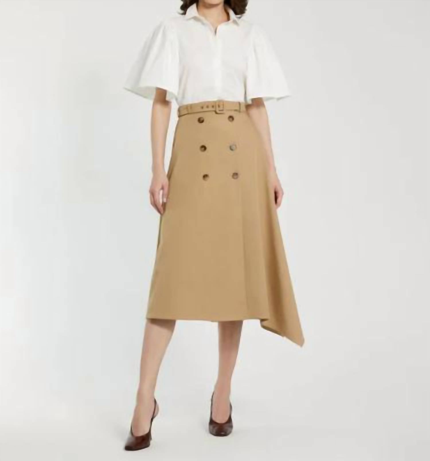 MAC DUGGAL Twill Midi Skirt With Buttons And Belt in taupe - women's skirt - alternate view