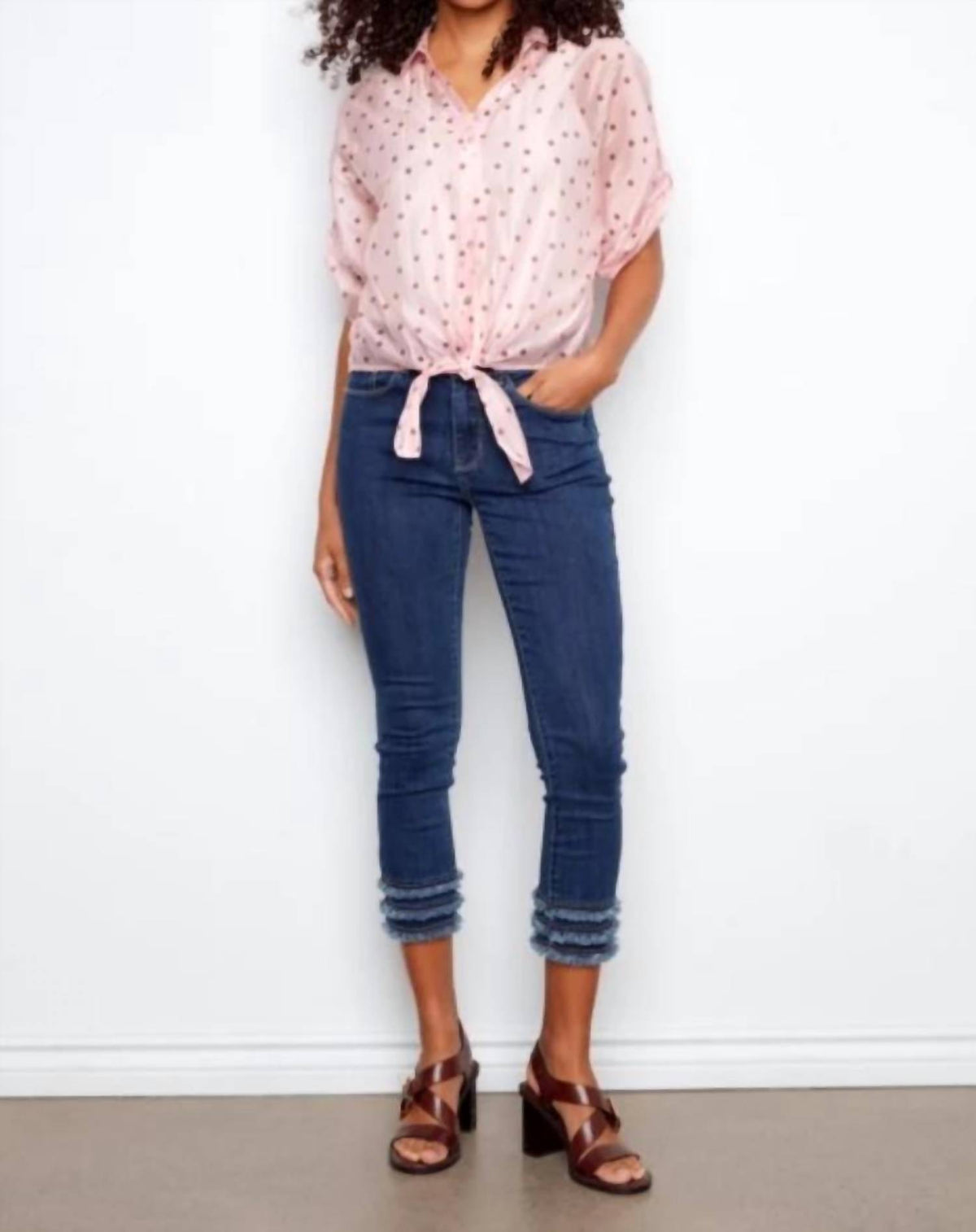 Charlie B - Roll Up Sleeve Front Tie Blouse