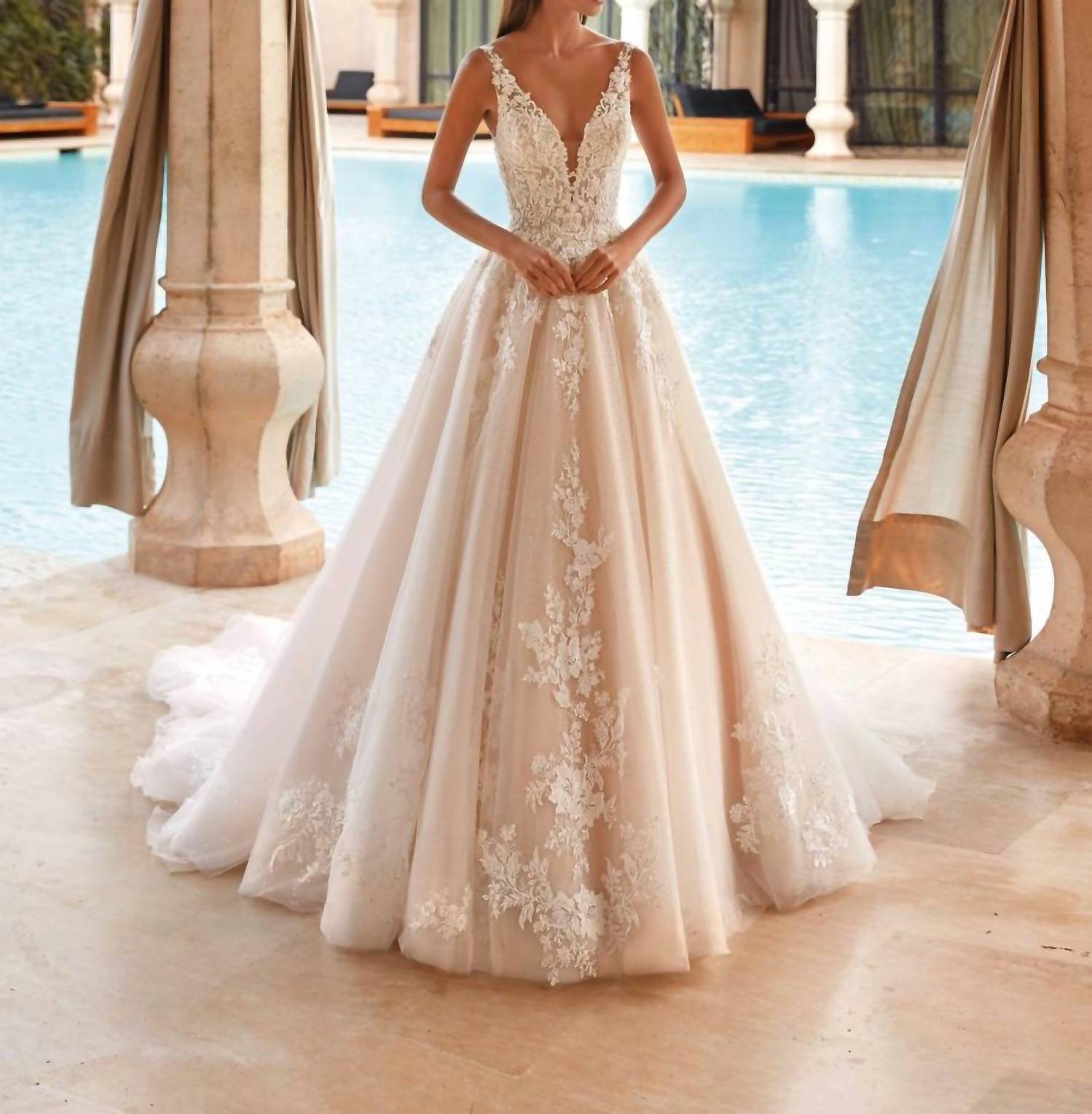 Demetrios - Beaded Lace Tulle Gown