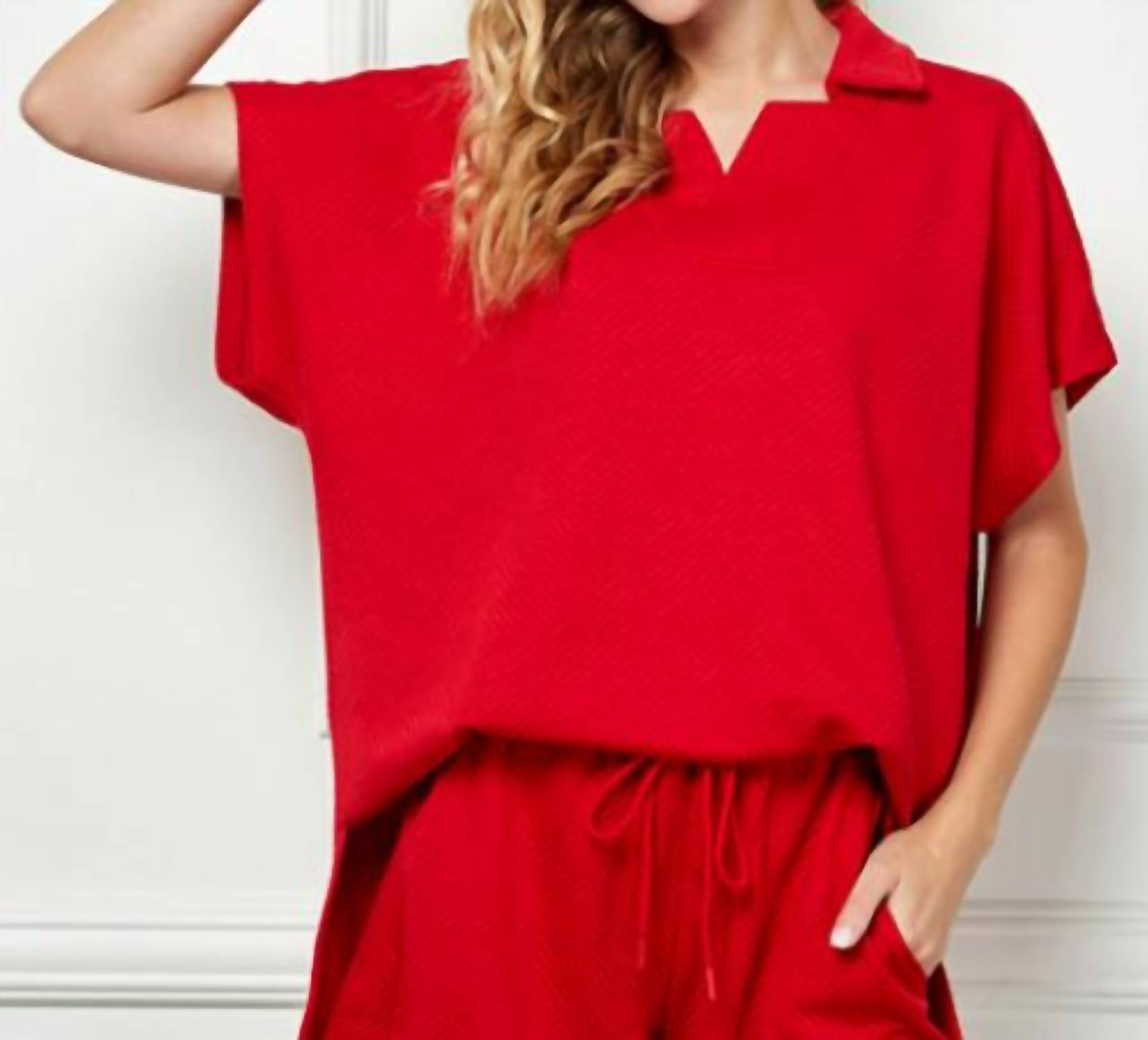 SEE AND BE SEEN Collared Textured Loungewear Set - women's sleepwear - detail view