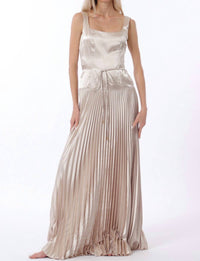 Aakaa Sleeveless Tie Front Waisted Pleat Maxi Dress in champagne - women's dress - view 5