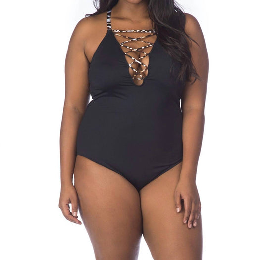 La Blanca - High Neck Lace Up One Piece Swimsuit - PLUS