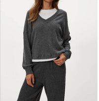 Michael Stars Salma Brushed Waffle Long Sleeve V Neck Top in charcoal - women's long sleeve top
