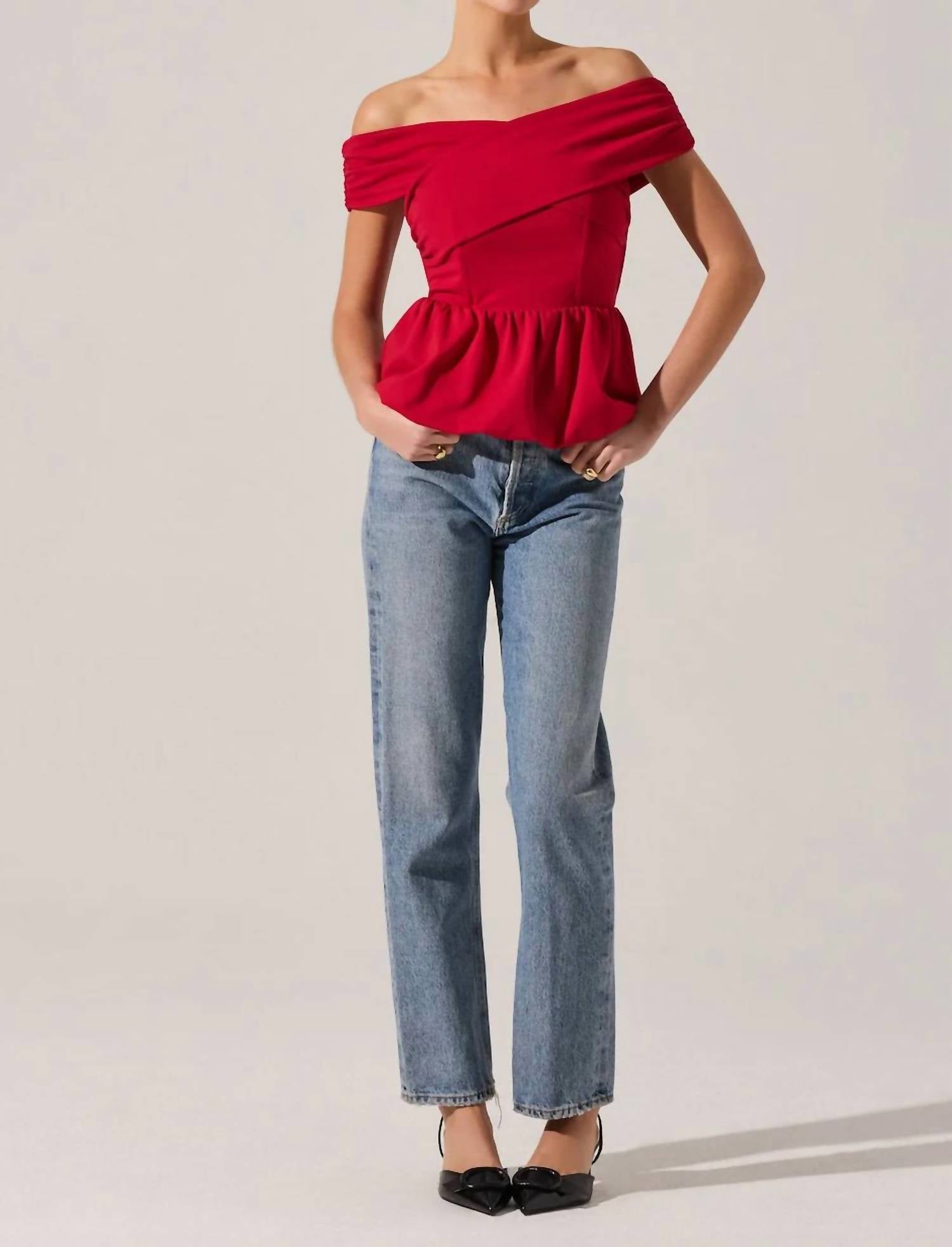 ASTR Tennille Off The Shoulder Peplum Top in red - women's blouse - view 4