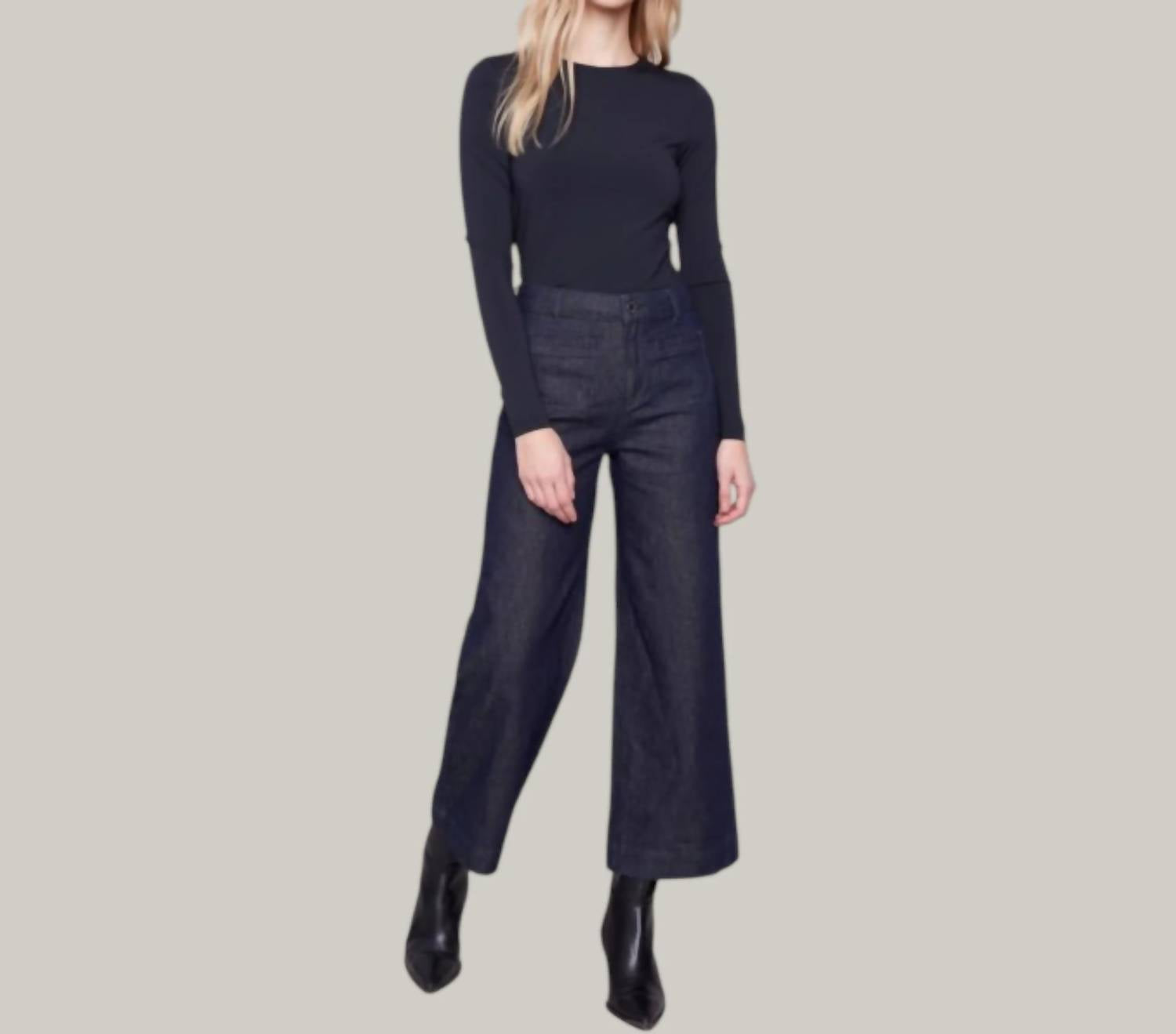 CHARLIE B Cropped Patch Pocket Flare Lurex Denim Pants in blue black - women's jeans