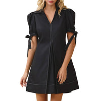 Tcec - Collared V Neckline Pleated Detail A Line Dress