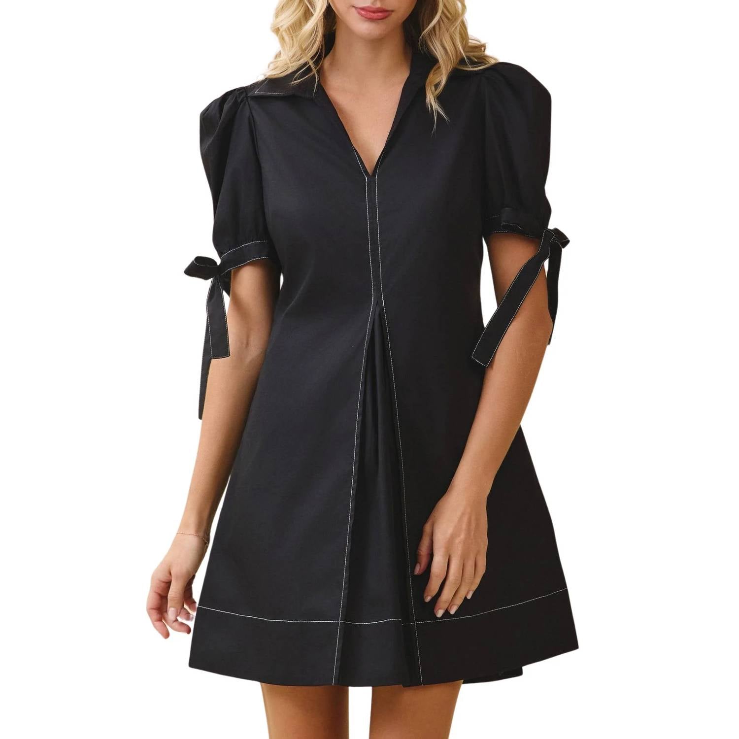 Tcec - Collared V Neckline Pleated Detail A Line Dress