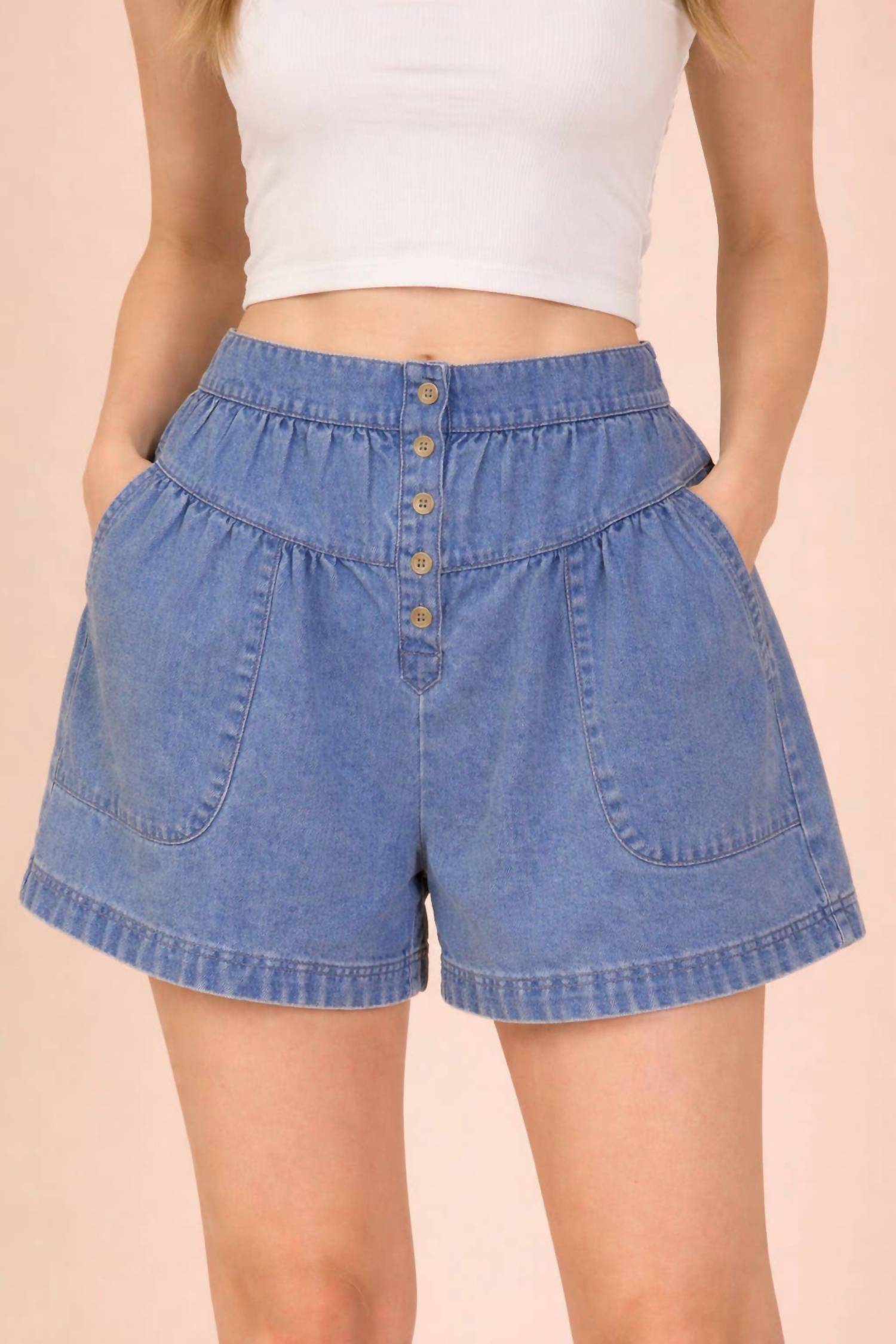 VERY J Button Down Jean Shorts in mineral washed chambray - women's shorts