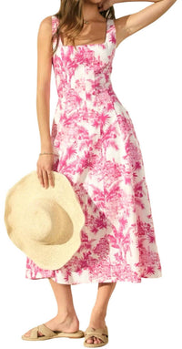 DRESS FORUM Laguna Palm Square Neck Paneled Dress in hot pink white - women's dress