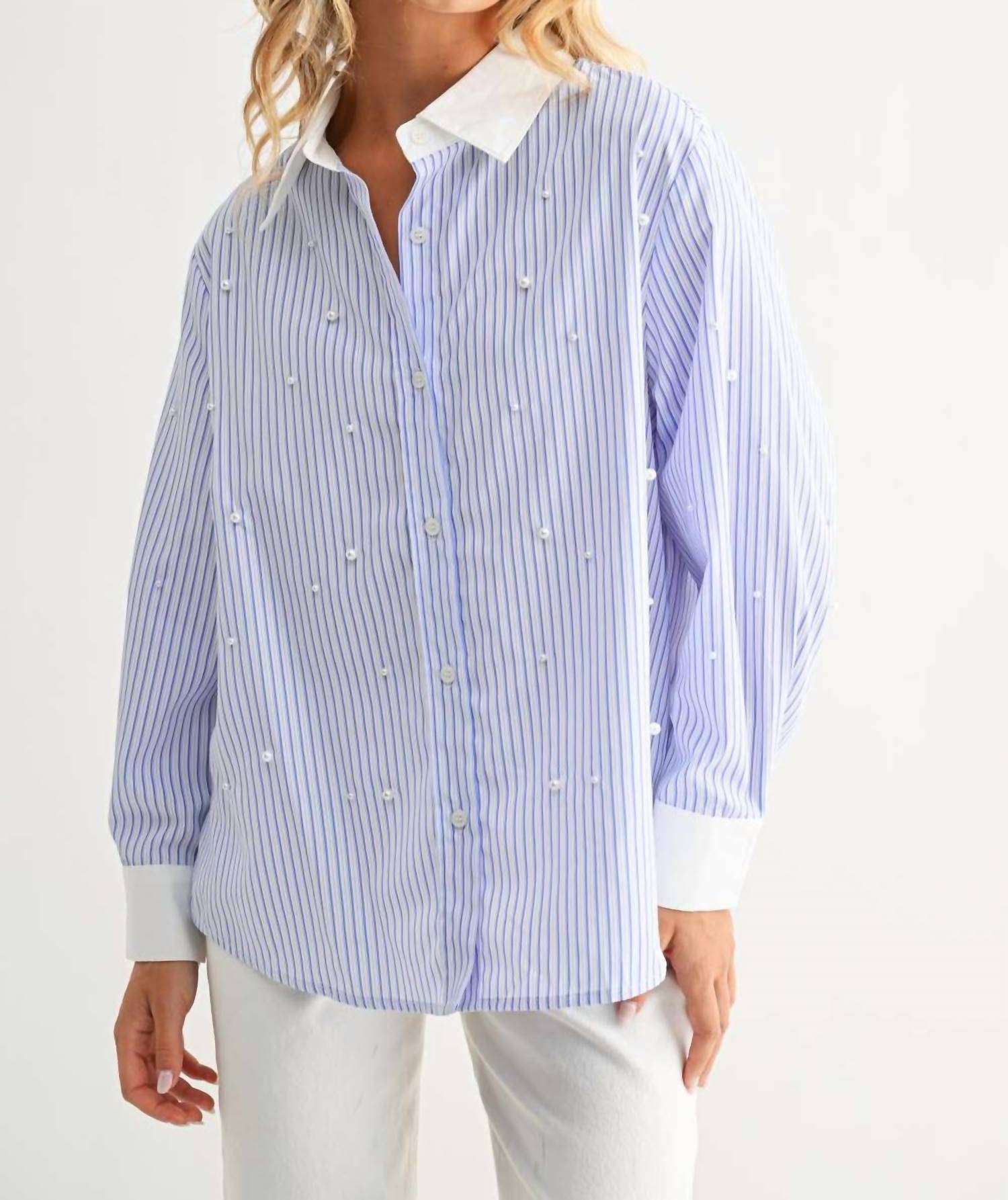Joh Jullian Top with Pearls in blue - women's long sleeve top