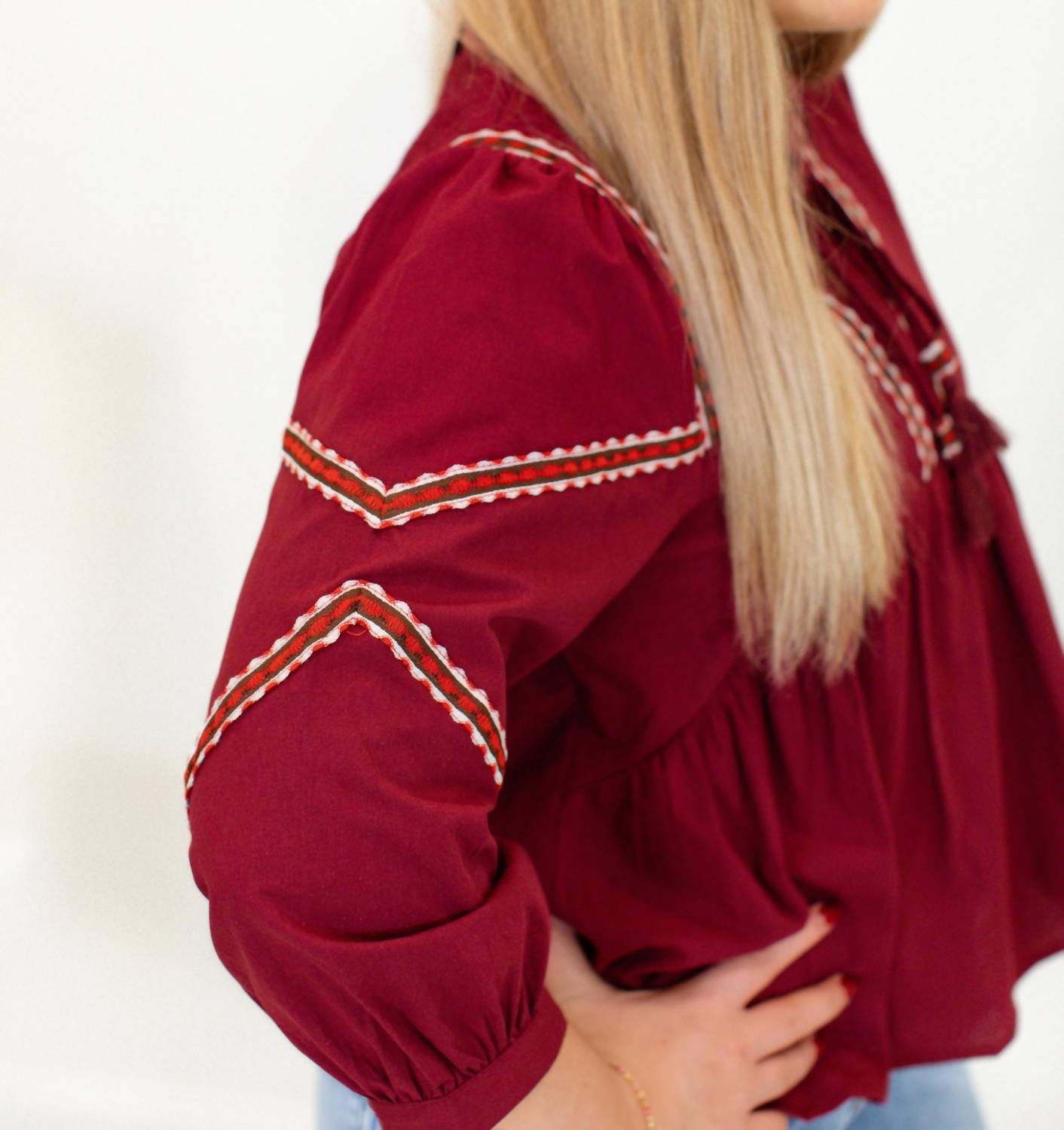 &merci Embroidered Trim Babydoll Blouse in burgundy - women's blouse - alternate view