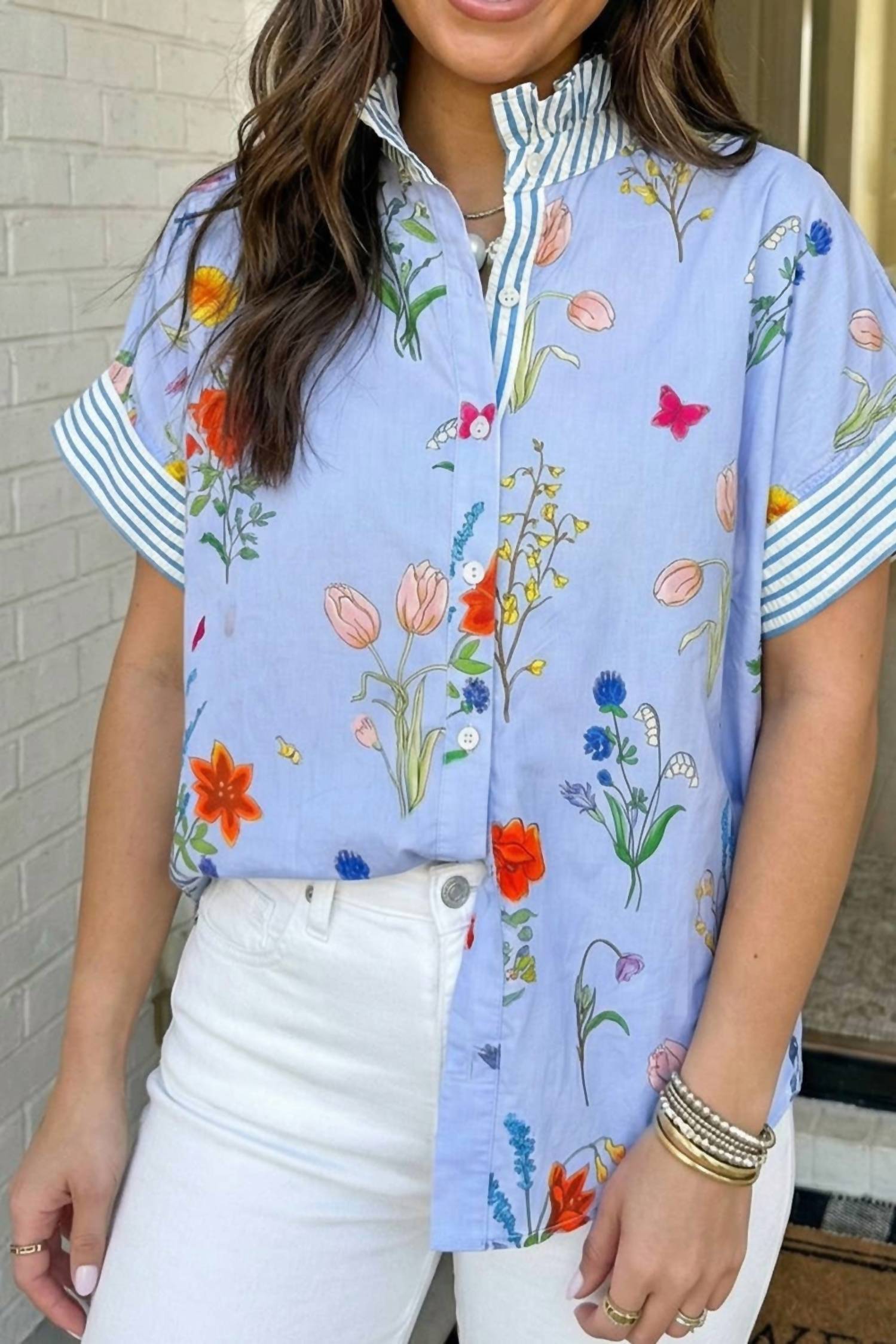 La Society - Floral Striped Printed Button Top