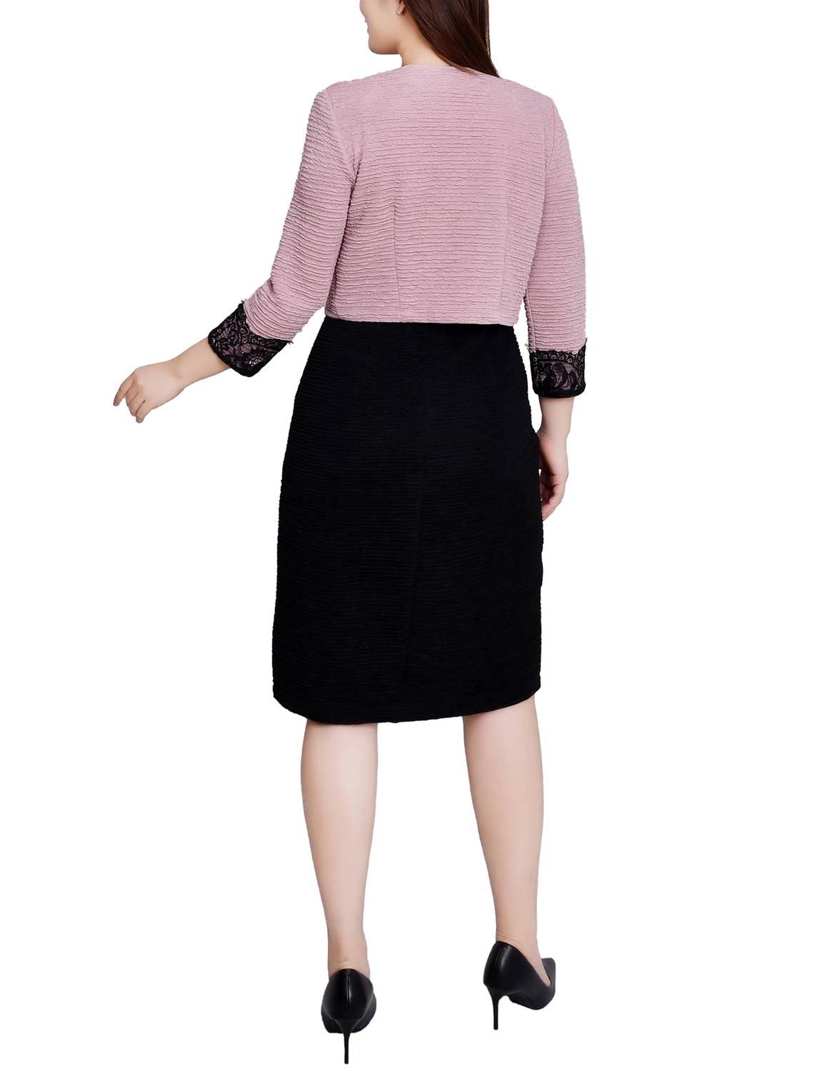 NY Collection Lace-detail 2 Piece Textured Knit Dress Set - Petite in blush black - women's dress - alternate view