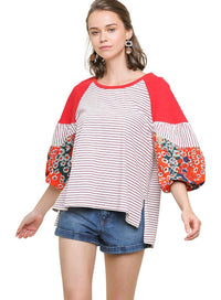 Umgee - Floral & Striped Colorblock Top