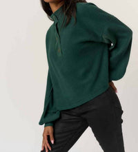 PROJECT SOCIAL T Saturn Henley Sweatshirt Top in midnight emerald - women's top - detail view