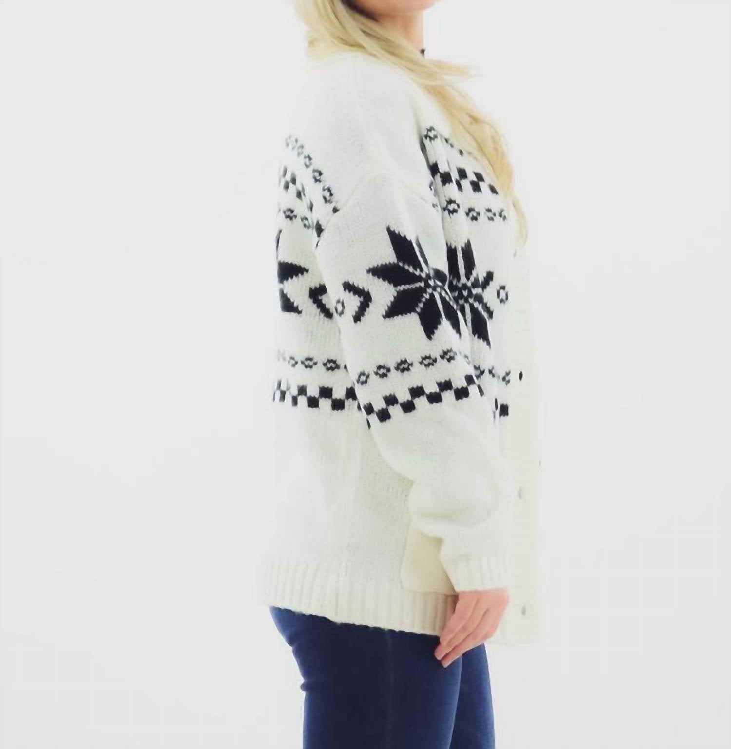 Sunday Edition Button Down Nordic Pattern Sweater Cardigan in white multi - women's cardigan - alternate view