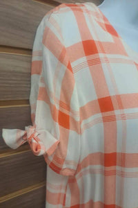 Moci - Women's Tied Short Sleeve Plaid Linen Blouse