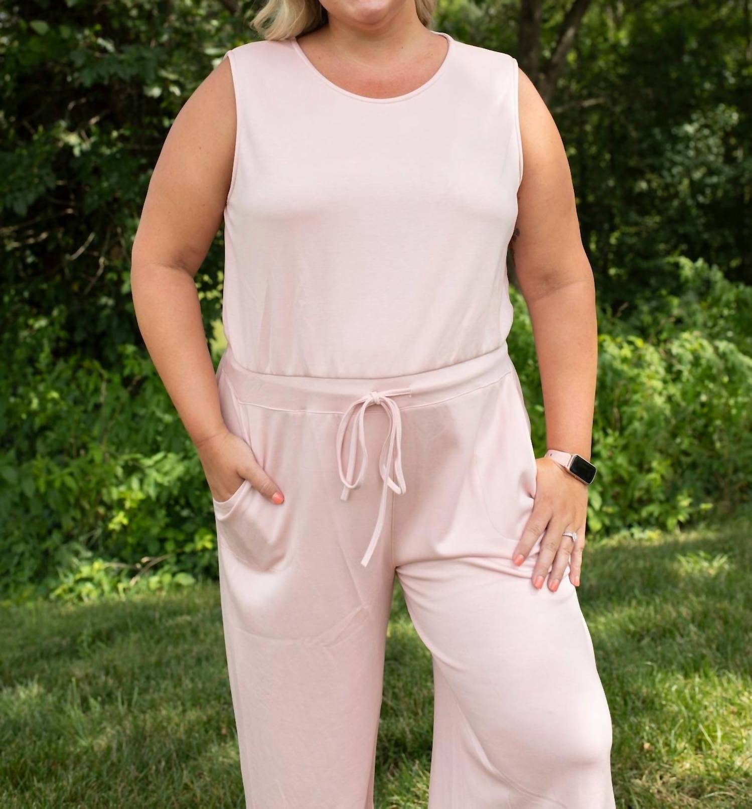 DAVI & DANI Petal Sleeveless Jumpsuit in pink - women's pants - detail view