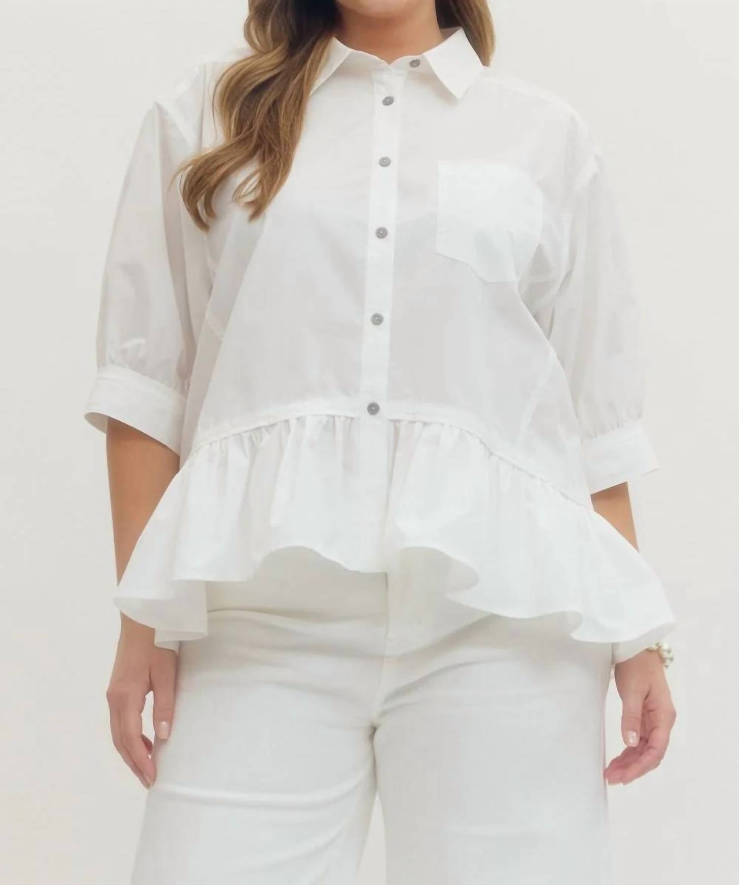Entro - Chic Ruffle Hem Button-Up Blouse - Plus