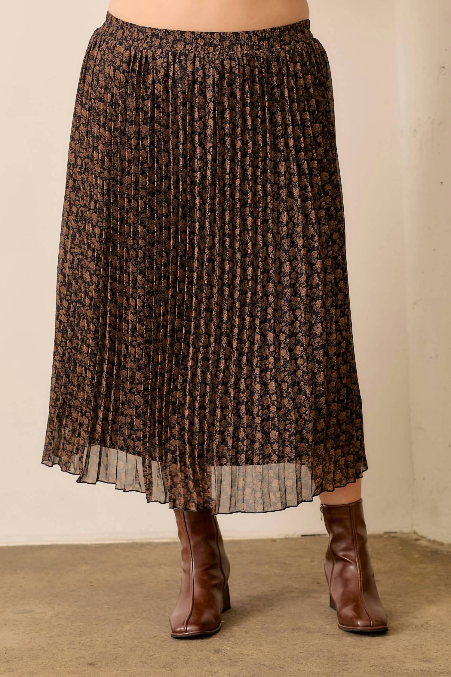 Polagram - Floral Print Pleated Skirt -PLUS