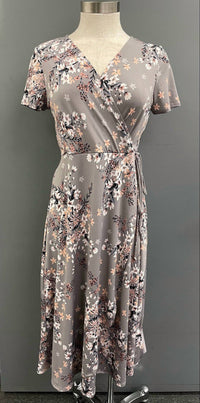 CHRIS & CAROL Women's Floral Midi Wrap Dress in warm grey - women's dress - detail view