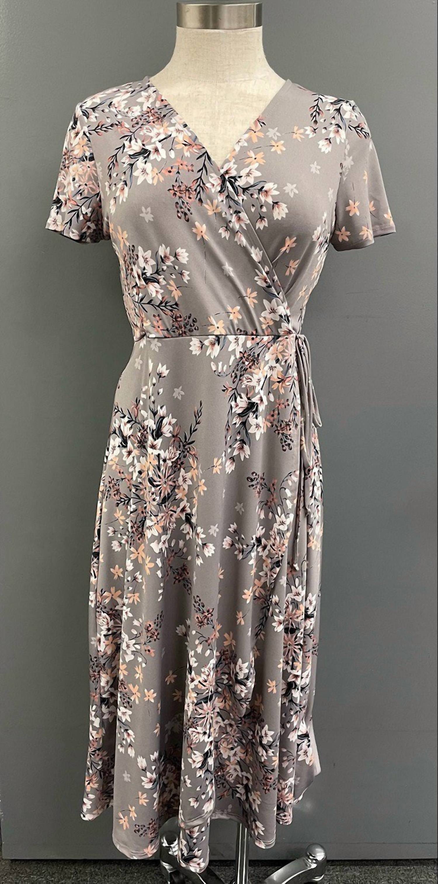 CHRIS & CAROL Women's Floral Midi Wrap Dress in warm grey - women's dress - detail view