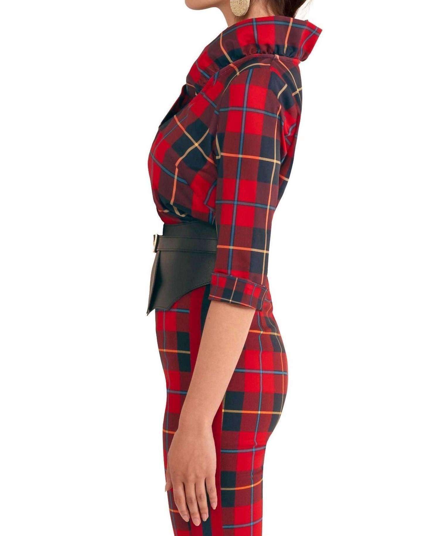 GRETCHEN SCOTT Ruffneck Plaidly Cooper Top Plus in red multi - women's blouse - detail view