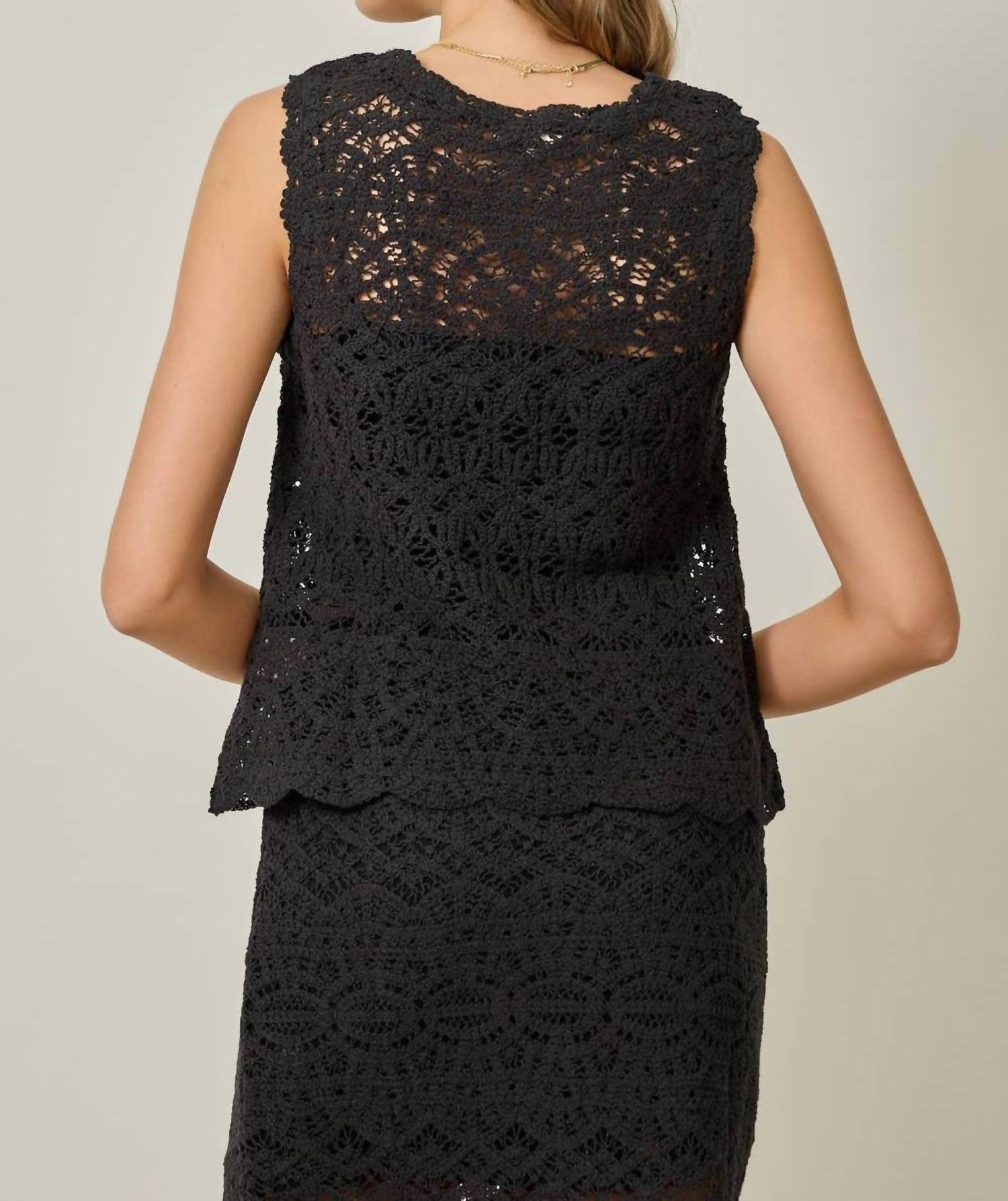 mystree Crochet Scallop Hem Top in black - women's tank top - detail view