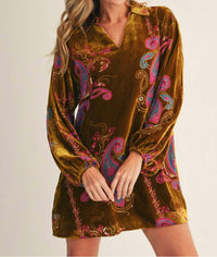 Jodifl - Long Puff Sleeves Paisley Print Velvet Mini Dress