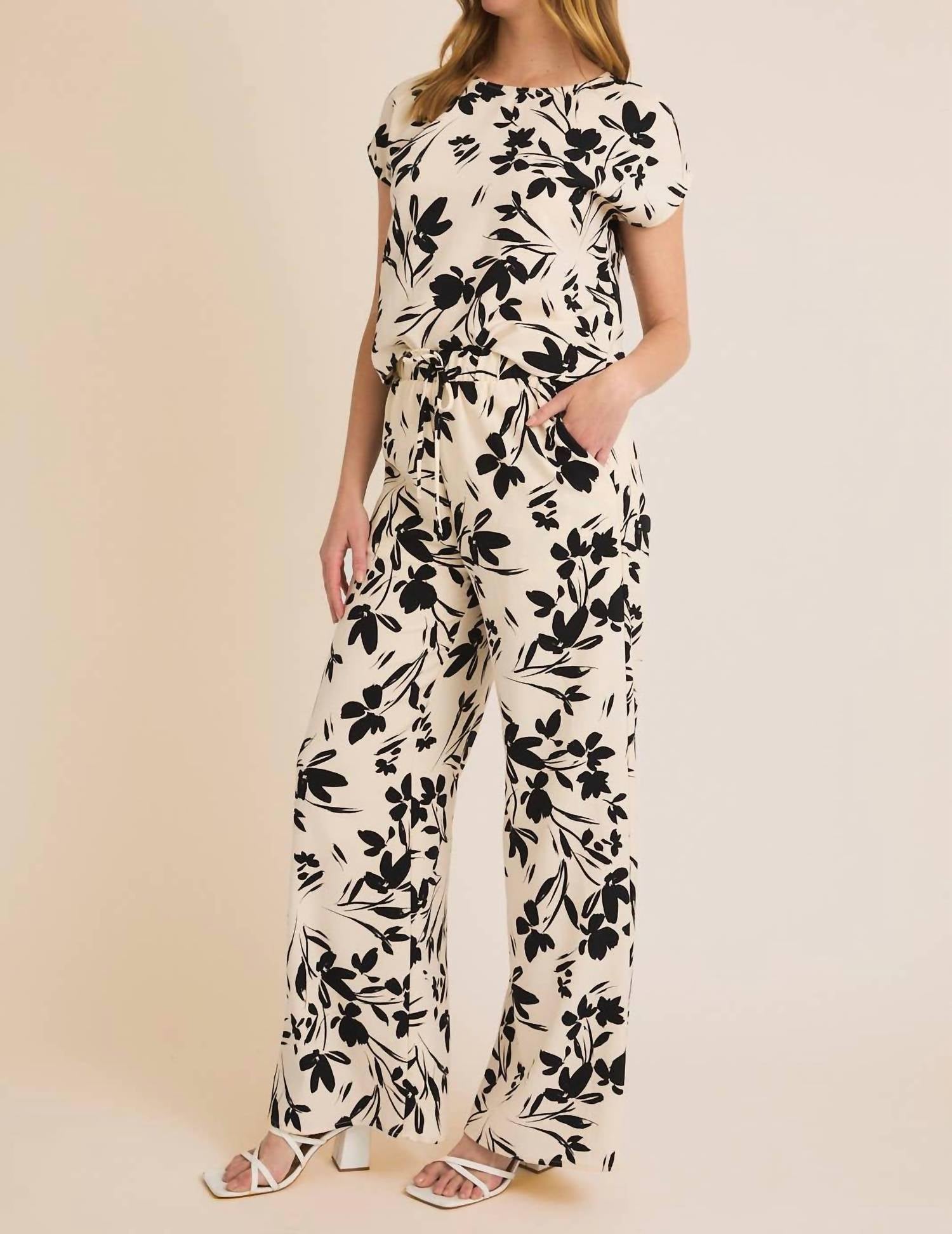 GILLI Shadow Garden Floral Print Top in cream black floral - women's blouse - alternate view