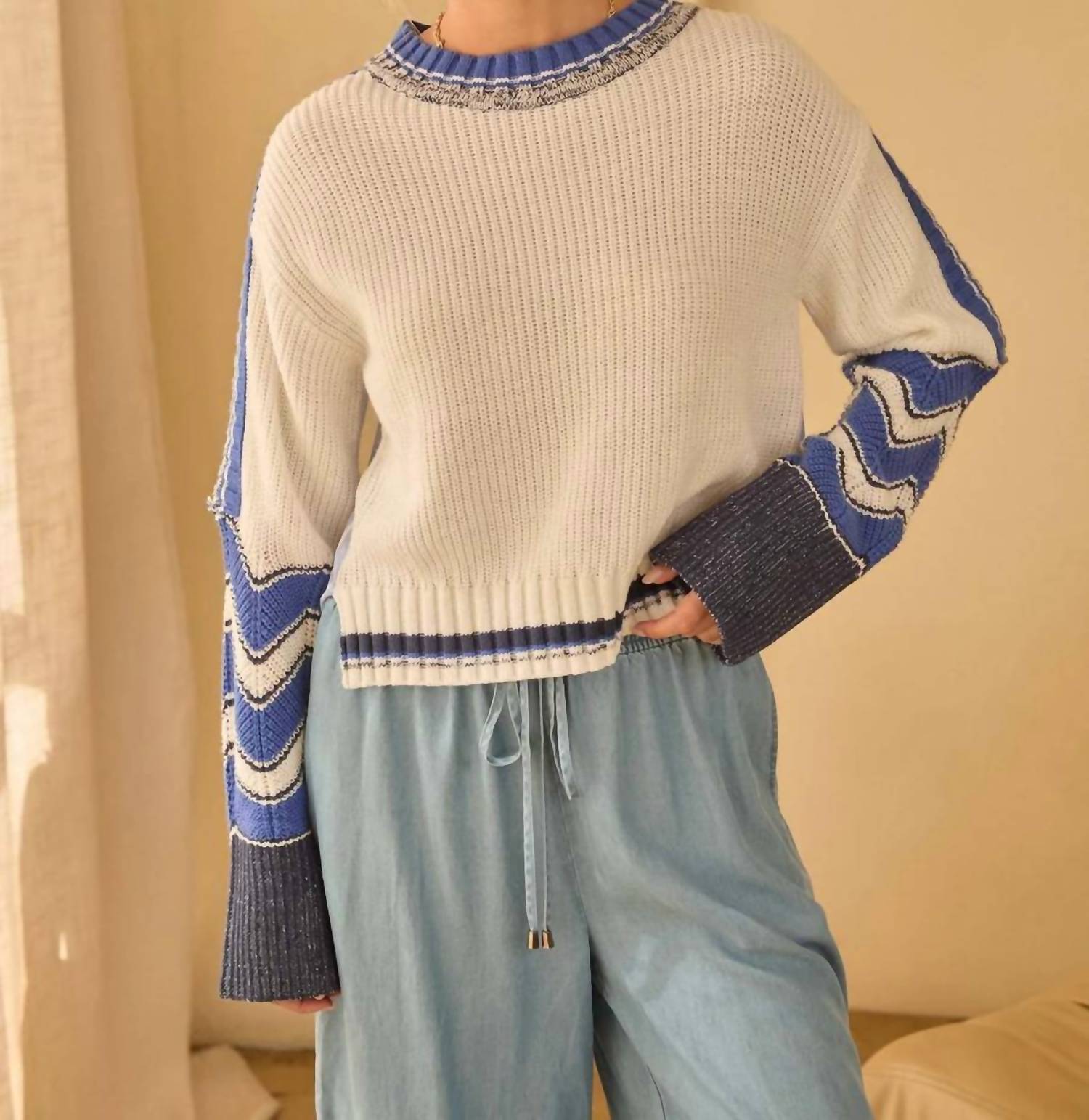 Skies Are Blue - Mixed Media Stripe Sweater Top