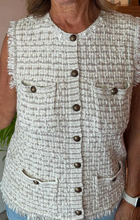 Autumn Cashmere Long Tweed With Fringe Vest in natural combo - women's jacket - detail view