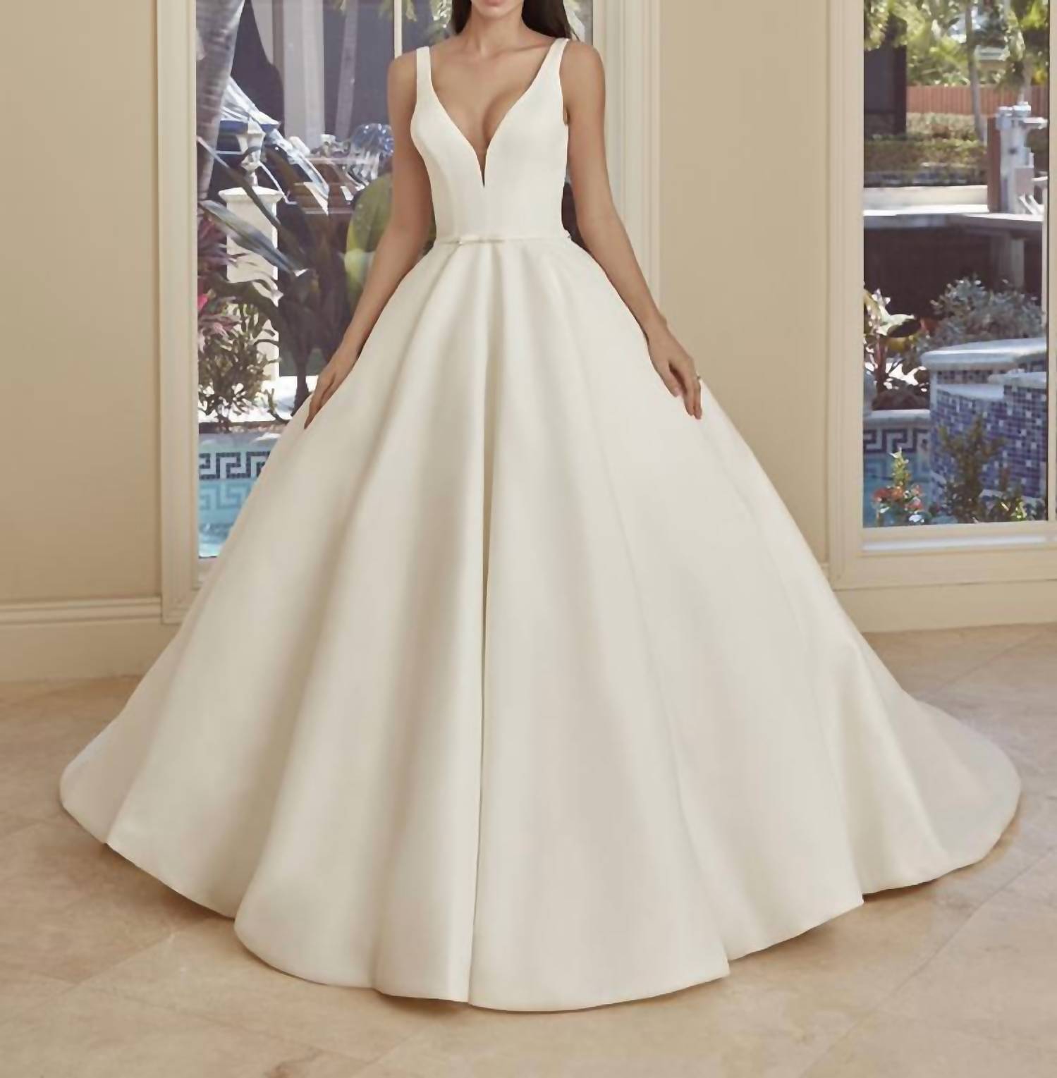 Demetrios - Satin Plunging Ball Gown