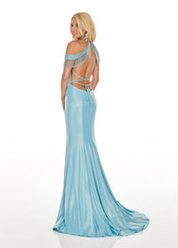 Rachel Allan - Lace-up Back Shimmer Metallic Jersey Prom Gown