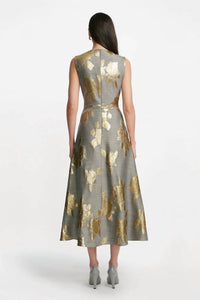Lela Rose Floral Fil Coupe Sleeveless A-line Midi Dress in gold grey - women's dress - detail view