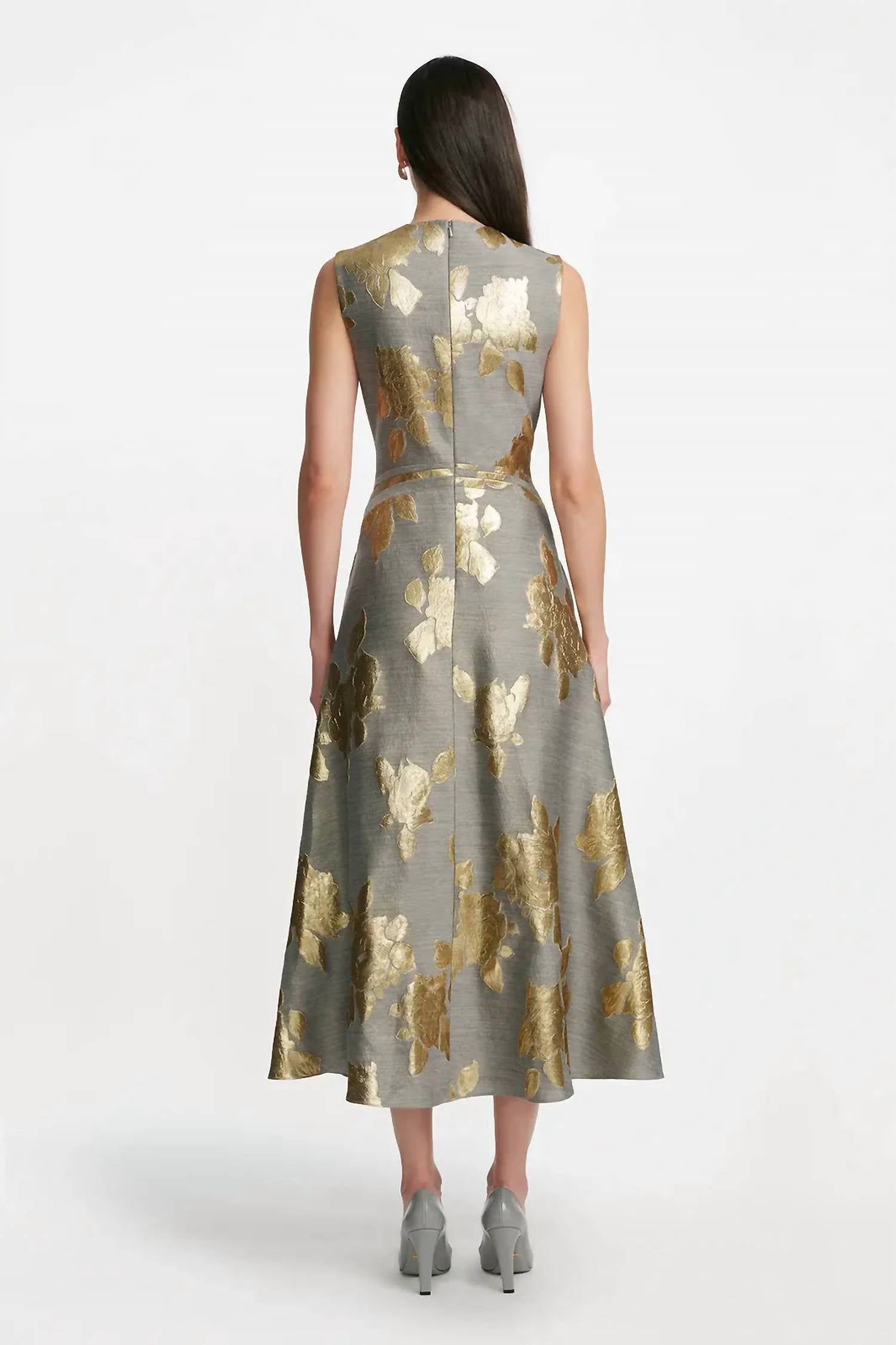 Lela Rose Floral Fil Coupe Sleeveless A-line Midi Dress in gold grey - women's dress - detail view
