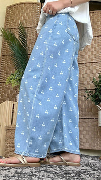 Peach Love - Cherry Print Washed Denim Gypsy Fit Pants