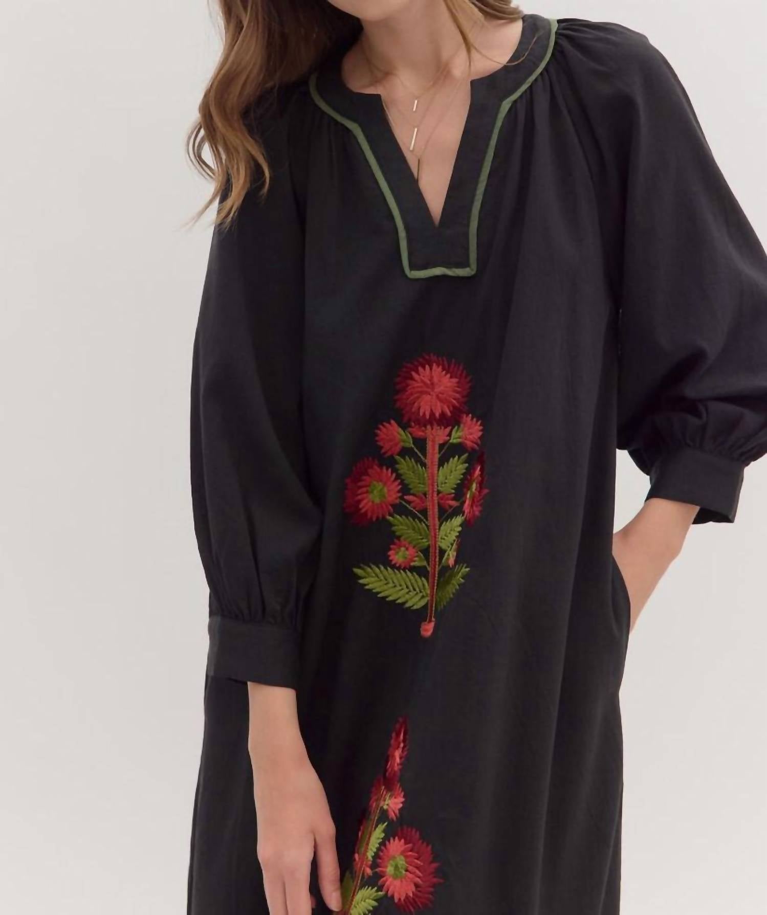 Entro - Midnight Blossom Embroidered Floral Maxi Dress