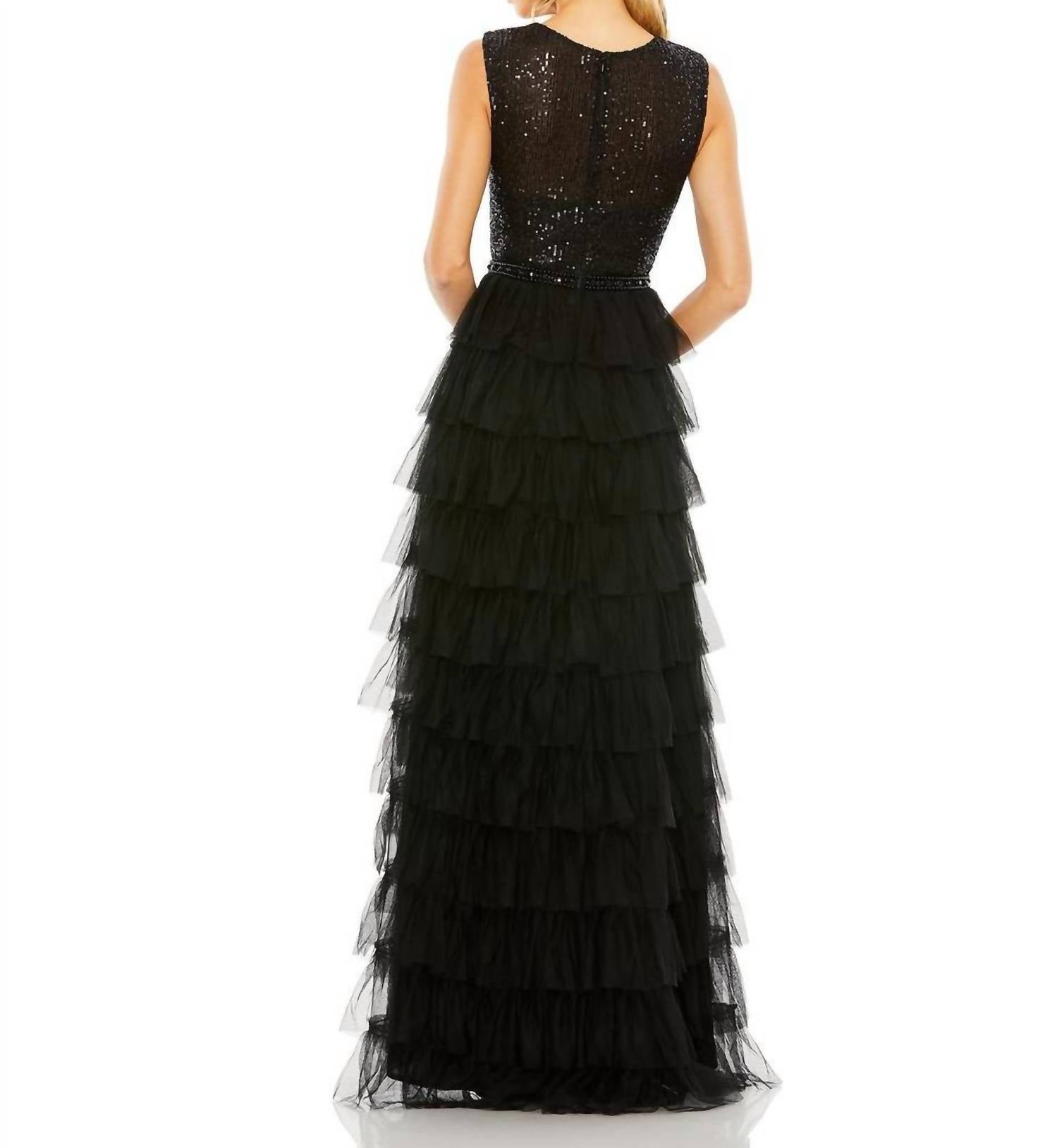 Mac Duggal - Ruffle Tiered Sequin High Neck Gown Dress