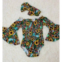 Lulu Clothes - Girl's Sunflower & Leopard Cross Baby Onesie With Headband