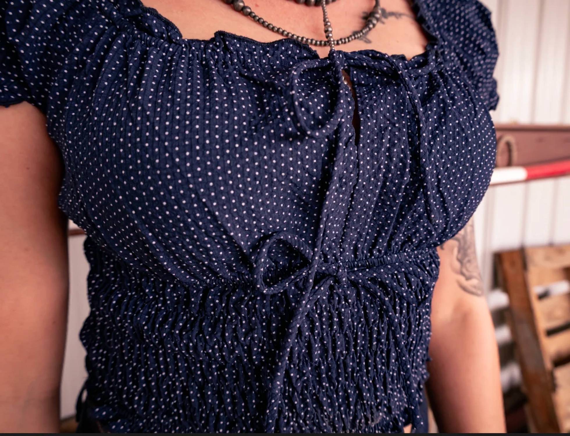 Buttermelon - Polka Dot Ruched Drawstring Crop Top