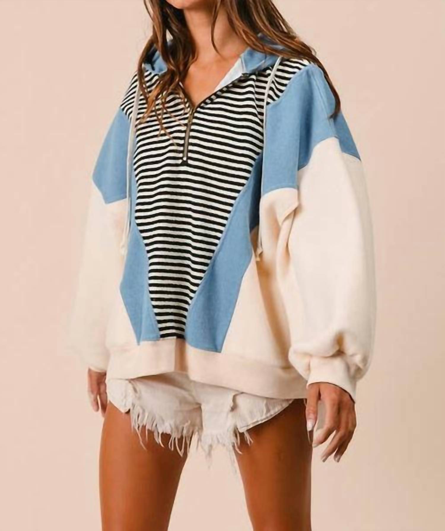 Bibi - Striped Denim Block Zip Up Hoodie Jacket