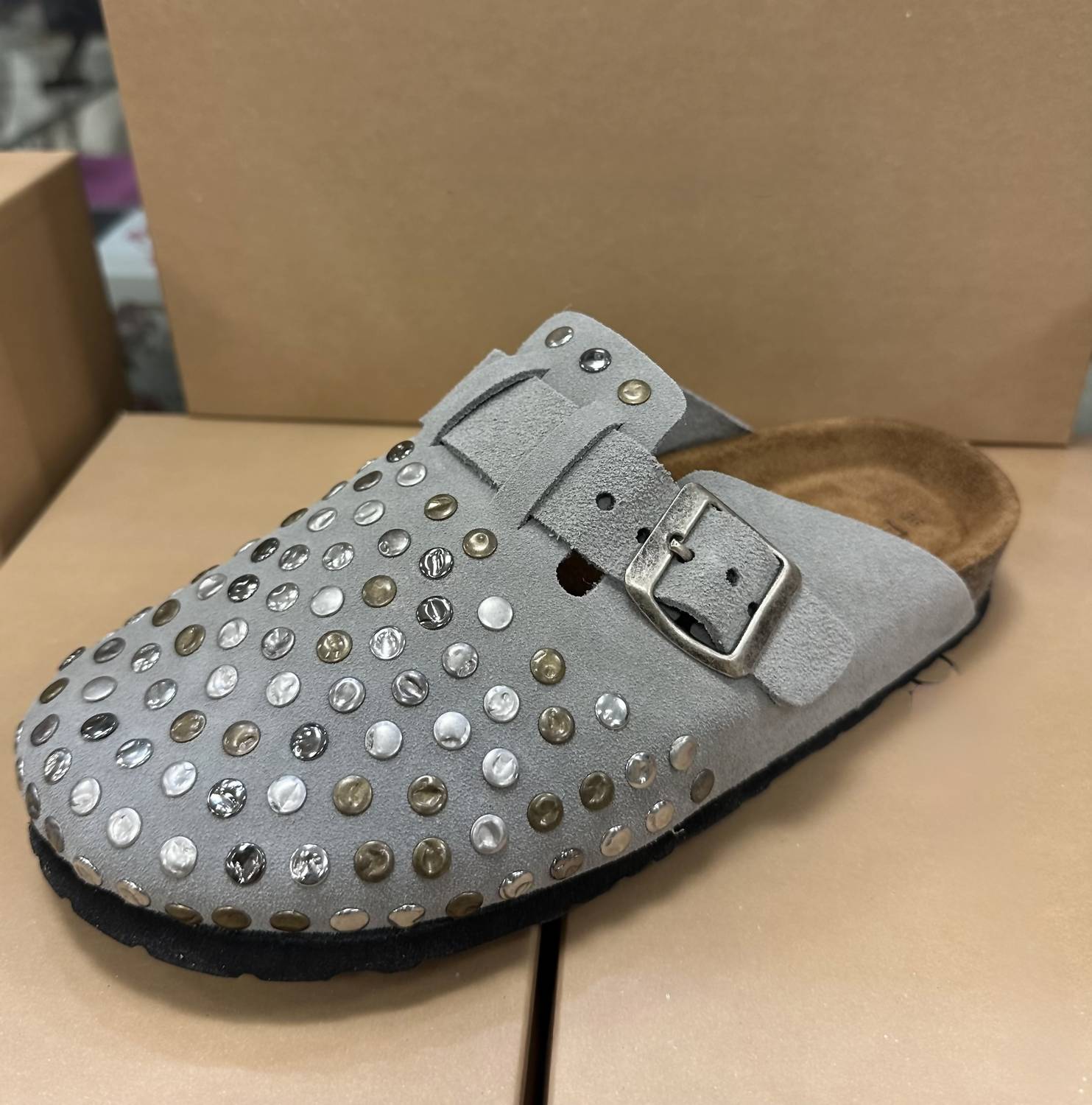 Post & Co. Women's Studded Suede Clogs in grey - women's shoe