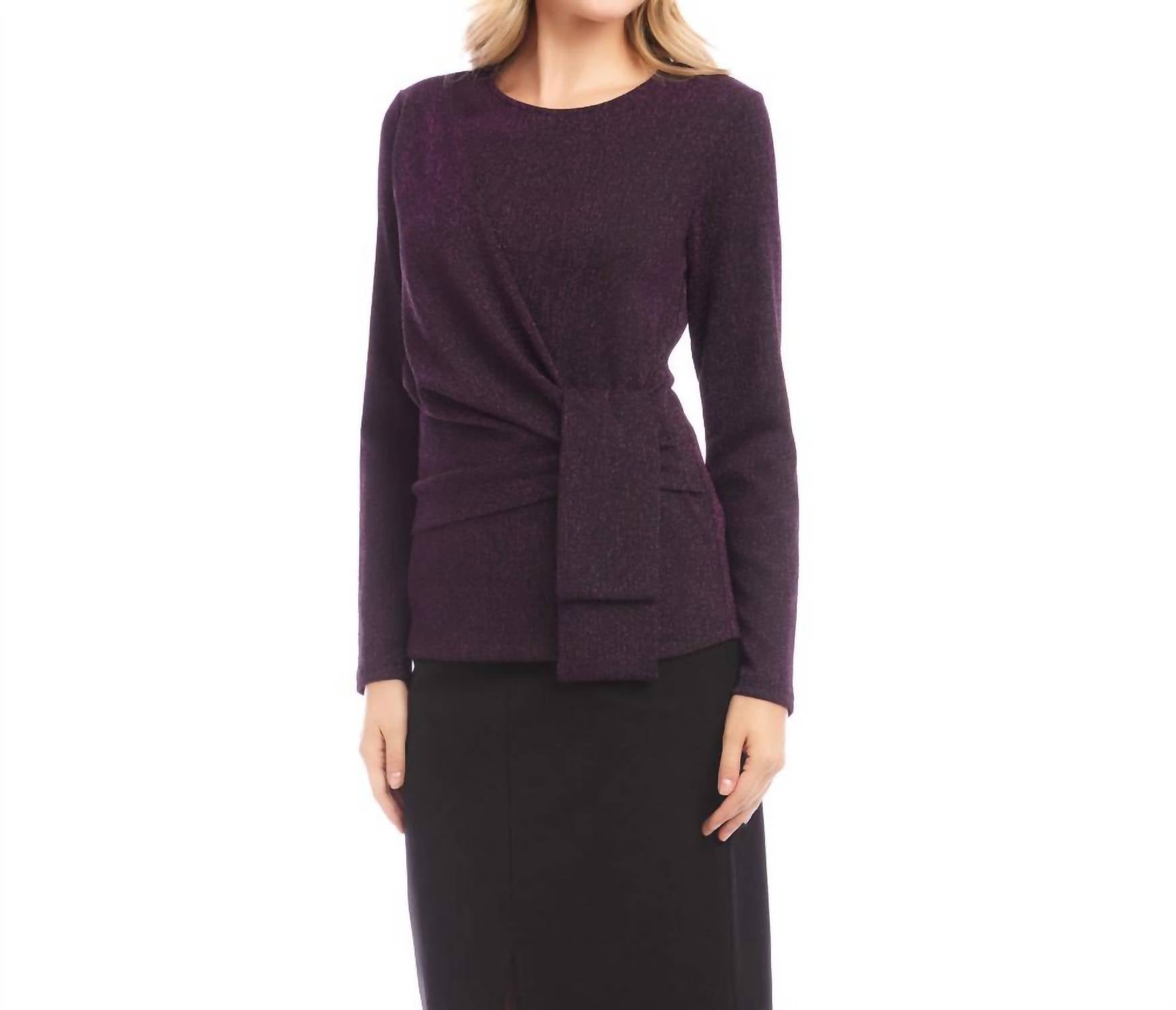 Karen Kane Long Sleeve Metallic Knit Side-tie Top - Petite in eggplant - women's long sleeve top - detail view