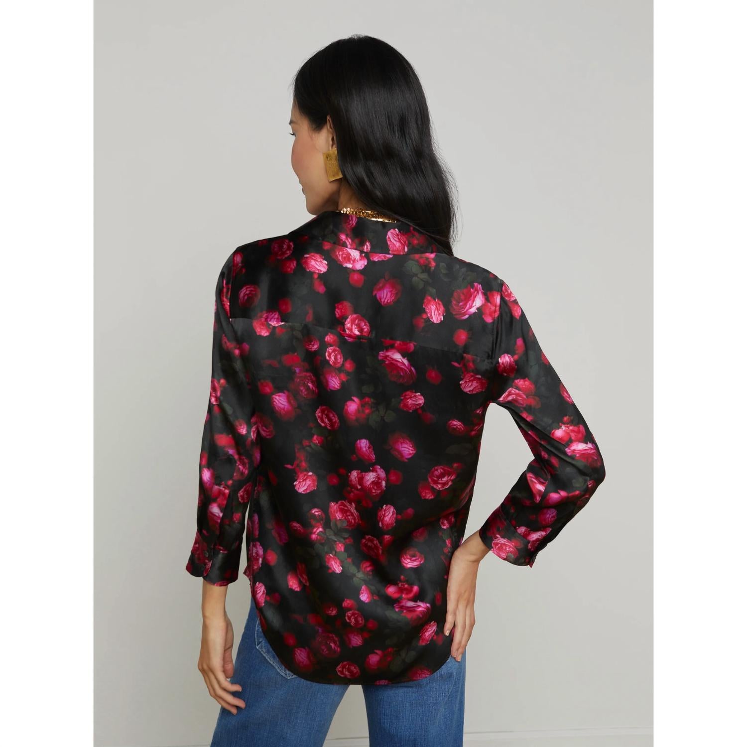 L'Agence Dani 3/4 Sleeve Silk Blouse in black pink rosa chinensis - women's blouse - alternate view