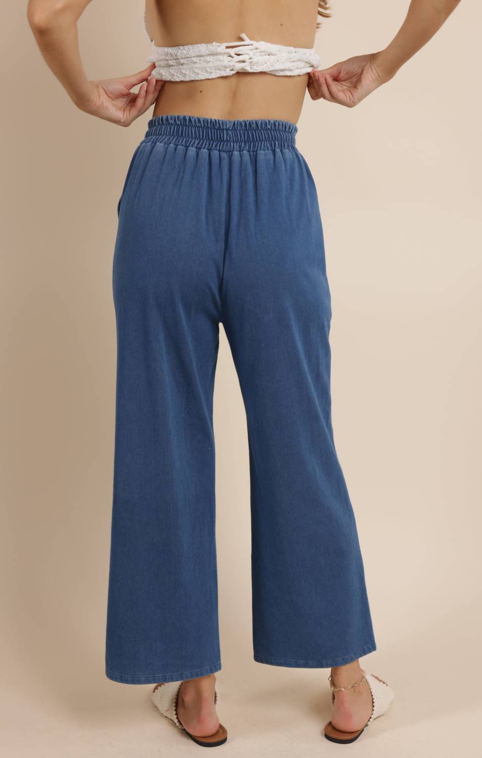 SAGE THE LABEL WANDERWAVE SUPER STRETCH DENIM WIDE LEG PANT in blue - women's pants - detail view