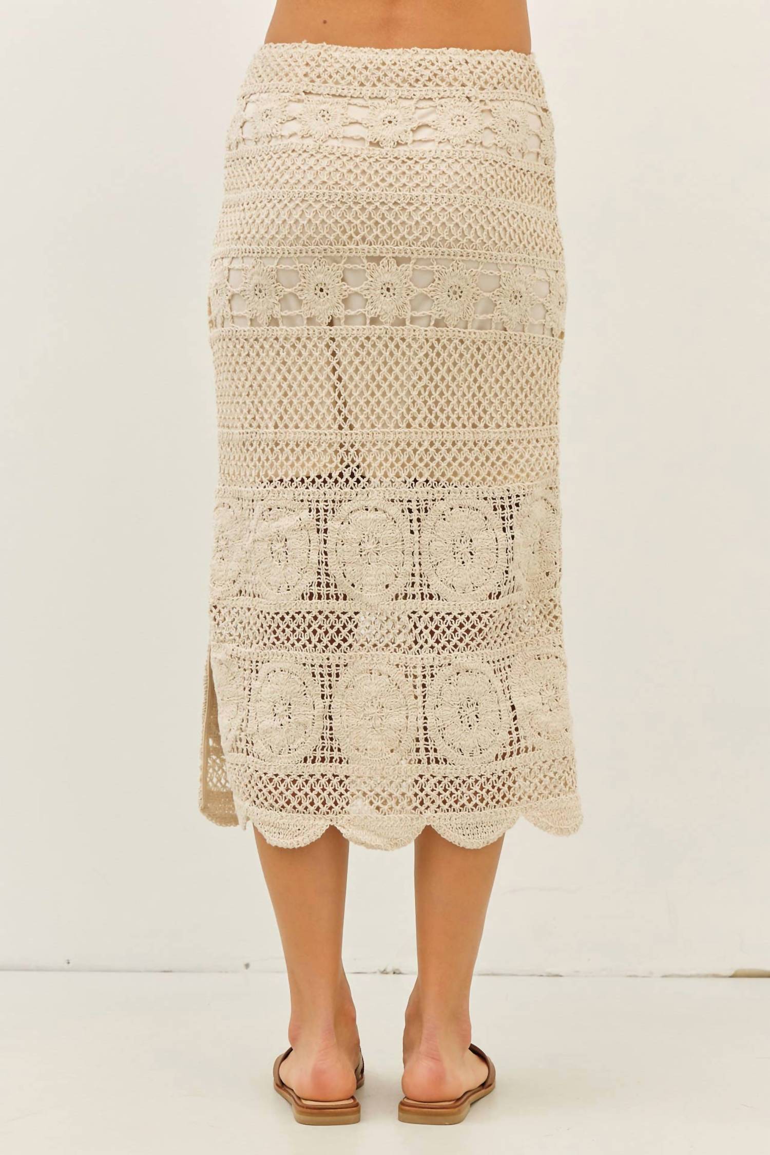 Idem Ditto - Floral Sheer Crochet Top And Skirt Set With Scallop Hem